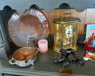 Pink Depression Glass, Hand Carved Ebony & Anniversary Clocks 