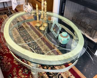 Presale item priced at 110. Heavy iron coffee table with thick glass top. Dimensions are 51 x 40 x 18.5.
