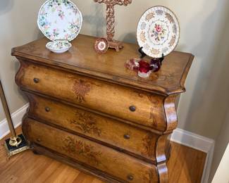 Presale item priced at 150. Bombay style 3 drawer chest w/floral design. Dimensions are 40 x 33 x 19.