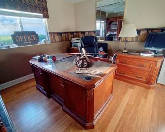 LARGE EXCECUTIVE DESK, 2 CREDENZAS, 3 BOOKCASES, WITH CARVED WOOD