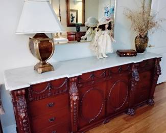 LARGE ANTIQUE MAHOGONY CARVED DRESSER WITH MARBLE TOP