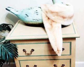 MID CENTURY FURNITURE, CARVED WOODEN SWAN AND VINTAGE MINK COLLAR