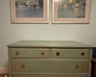 Antiqued-blue and gold circa 1920 dresser. Has matching vanity with mirror and bench -- see other photo.