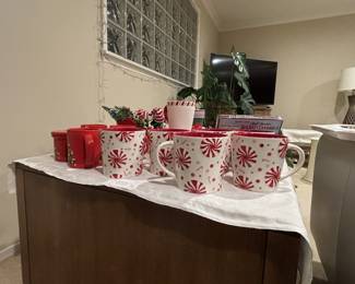 Christmas mugs and more - some Starbucks, some Spode Christmas, some Waechtersbach. Also Waechtersbach jam or condiment jar with spoon.