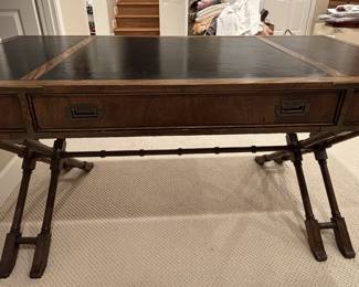 Solid wood desk with leather top and 3 drawers on trestle legs. See notes.
