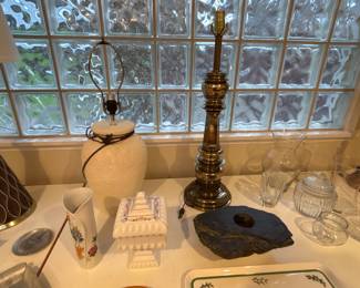 Textured pottery jug lamp and large Stiffel brass lamp. Stiffel lamp harp or harp housing needs a little adjustment.