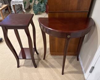 "Bombay" type demilune table and plant stand. Good condition.