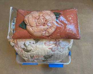 King comforter OR Queen bedspread -- you choose. Coordinating 2 square pillows (about 16 inch) and unique rose pillow. These were designed by a high end interiors store in Shoreline WA in late 1980s and are still in excellent condition due to light use and great care.