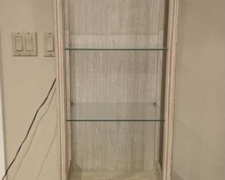 Antiqued-white etagere with glass shelves and drawers. Dimensions in notes.