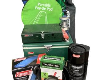 AMNA629 Coleman And More Camping Assortment This lot includes a vintage Coleman cooler, Coleman dual fuel camp stove 424(untested) , Coleman drip camping coffee maker, and more
