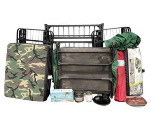 ANMC630 Cots, Cookware And More Camping Lot This lot includes a Core 6 person lighted tent, one camping chair, autop kio portable shower appears to be new in box