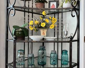 Bakers rack with various plants, Ball jars & lamp