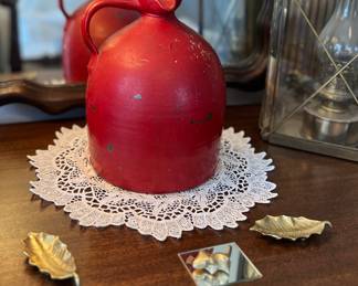 Vintage red jug; brass leaves by Virginia MetalCrafters