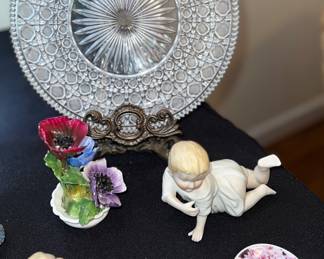 Various figurines; glass plate in brass display stand