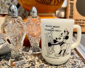 Crystal salt & peper shakers; vintage Mickey milk glass mug