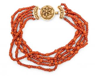 Lot 68 Coral Beaded Five-Strand Necklace, 18k Yellow Gold Buckle
