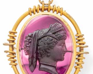 Lot 47 Carved Amethyst Cameo Portrait Pendant, 14k Gold Chain, 19th C.
