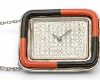 Lot 87 German 925 Sterling Silver, Enamel, & Pave Diamond Pendant Watch