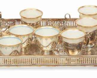 Lot 1057 Lenox And Sterling Demi Tasse Cups & Saucers , Set of 6 + Other Pieces And Silver Plate Tray