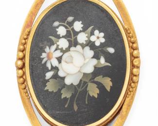 Lot 92 Gold Filled Mosaic Brooch & Locket, Ca. 1900 H 2.5" W 1.3" Dia. 0.2" 21g
