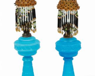 Lot 1033 Blue Opaline Glass Table Oil Lamps, Glass Chimneys 1870