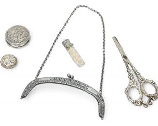 Lot 1052 Alpacca Silver Purse Frame, Sterling Silver & Silver Plate Boxes (3) Grape Shears