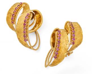 Lot 77 Italian 18k Yellow Gold & Rubies Earrings, Ca. 1960