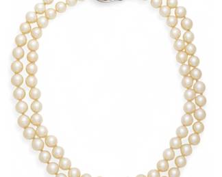 Lot 64 Pearl (8mm) Double-Strand Necklace, 14k White Gold, Diamond & Blue Sapphire Clasp, Ca. 1960
