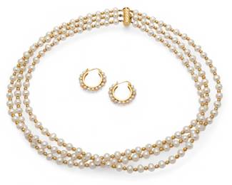 Lot 58 Freshwater Pearl & 14k Yellow Gold 3-Strand Necklace & Earrings