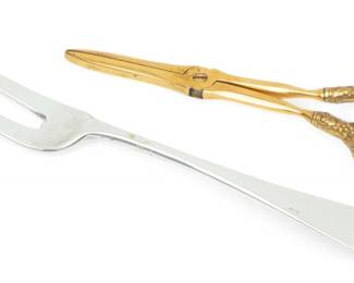 Lot 1044 Gorham Gold Plate Sterling Grape Shears & Arthur Stone Sterling Serving Fork