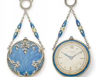 Lot 56 Ralco (Swiss) 18k White Gold, Diamond & Blue Guilloche Enamel 17-Jewel Pendant Watch with Chain, 1920