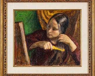 Lot 1078 ROBERT PHILLIP, OIL on CANVAS, PORTRAIT of a GIRL BRUSHING HAIR in a MIRROR