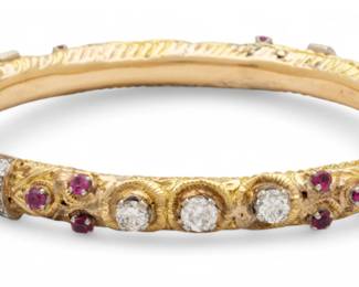 Lot 50 18k Yellow Gold, Diamond & Ruby Bangle Bracelet, 1920