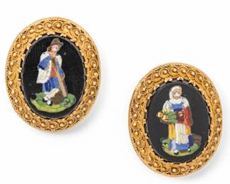 Lot 75 14k Gold & Micromosaic Earrings, Standing Provincial Figures, Ca. 1940