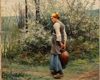 Lot 1 Daniel Ridgway Knight (American, 1839-1924) Oil on Canvas 1892, 'Going to the River'