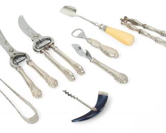 Lot 1063 Sterling Handle Poultry Shears (2) Bottle Openers (2), Nut Cracker, Cork Screw