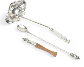 Lot 1054 Sterling Handle Double Lip Ladle 1950, Muddler 6.2", 3 Pcs Sterling 12" Stir Spoon & Sterling & Wood