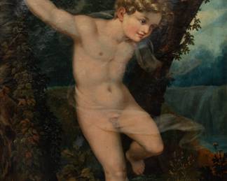 Lot 21 After Pierre-Paul Prud'Hon (French, 1758-1823) Oil on Canvas, 19th. C, 'Young Zephyr Balancing Above Water'