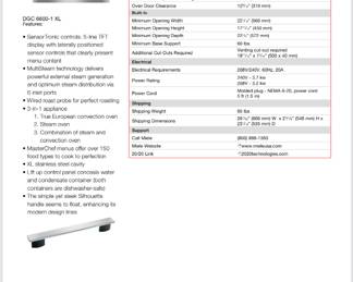 Specs for the steam oven