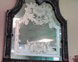 Gorgeous Antique Etched Mirror in Heavy Carved Frame 