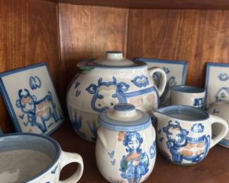 M.A. Hadley Pottery. Tea pot, sugar and creamer.
