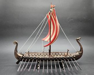 Viking Longship Model on Stand, Metal Boat, Rubber Oars
