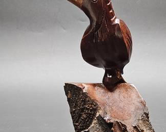 Wooden Pelican on Log Carved Figurine