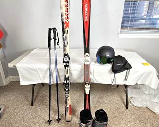 Two Pairs of Salomon Skis 163 & 170 Plus Size 27.5 Salomon Boots -Black Smith Helmet w/ Bag Adult Large