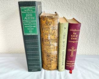  Lot of Antique Books - 1933 Girl Scout Hand Book, 1891 World's Fair Cookbook, 1954 Bible Plus Jane Austin