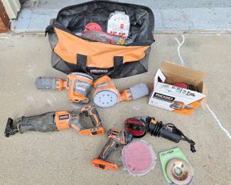  Lot of Power Tools: Two Rigid 8608 Sanders, R8641 Orbital Sander, Flashlight and Warrior 4 1/2 Electric Angle Grinder