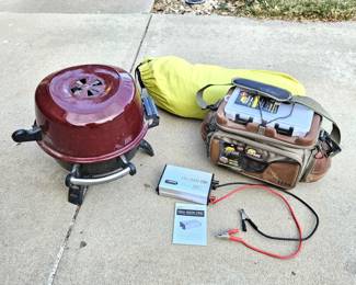  Camping/Fishing Essentials: Small Charcoal Gill on Foldable Legs, New Tackle Bag, AC/DC Adaptor & Tent