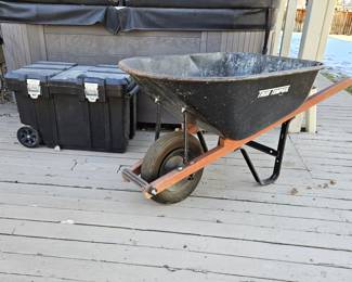  True Temper 6 Cubic Feet Wheelbarrow paired with a Blue Hawk Lockable Heavy Duty Storage Tub on Wheels
