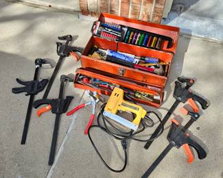 HAND TOOLS! Old Metal Tool Box filled with Essential tools, plus Electric Staple Gun & Five Clamps