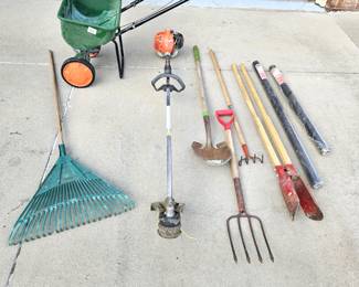  GARDEN LOT: Spreader, Weed Wacker, Screen Replacement Rolls & Garden Tools